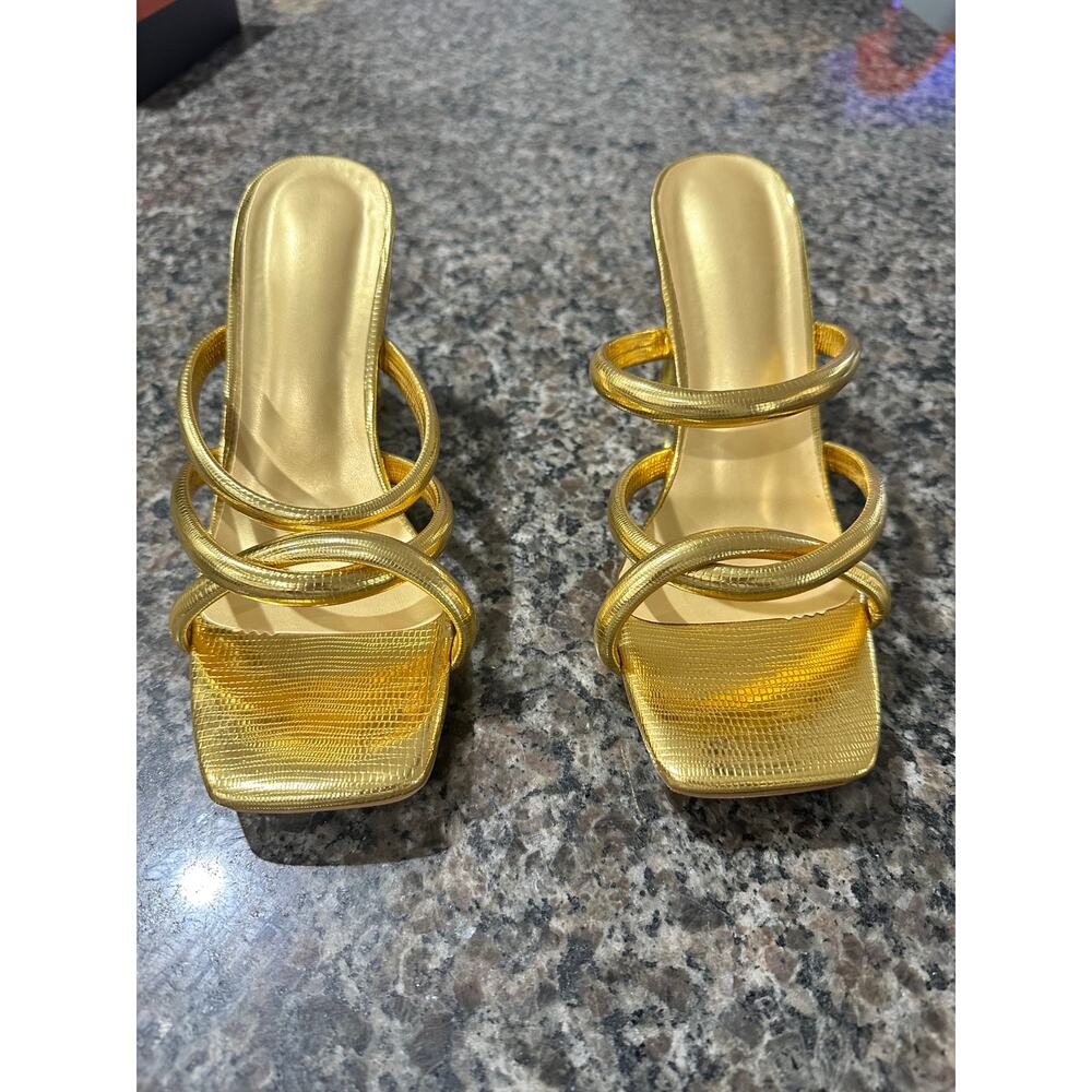 Women's Brand Gold‎ Decorated Pyramid High Heel Mules Sandals, Open-Toe Sandals